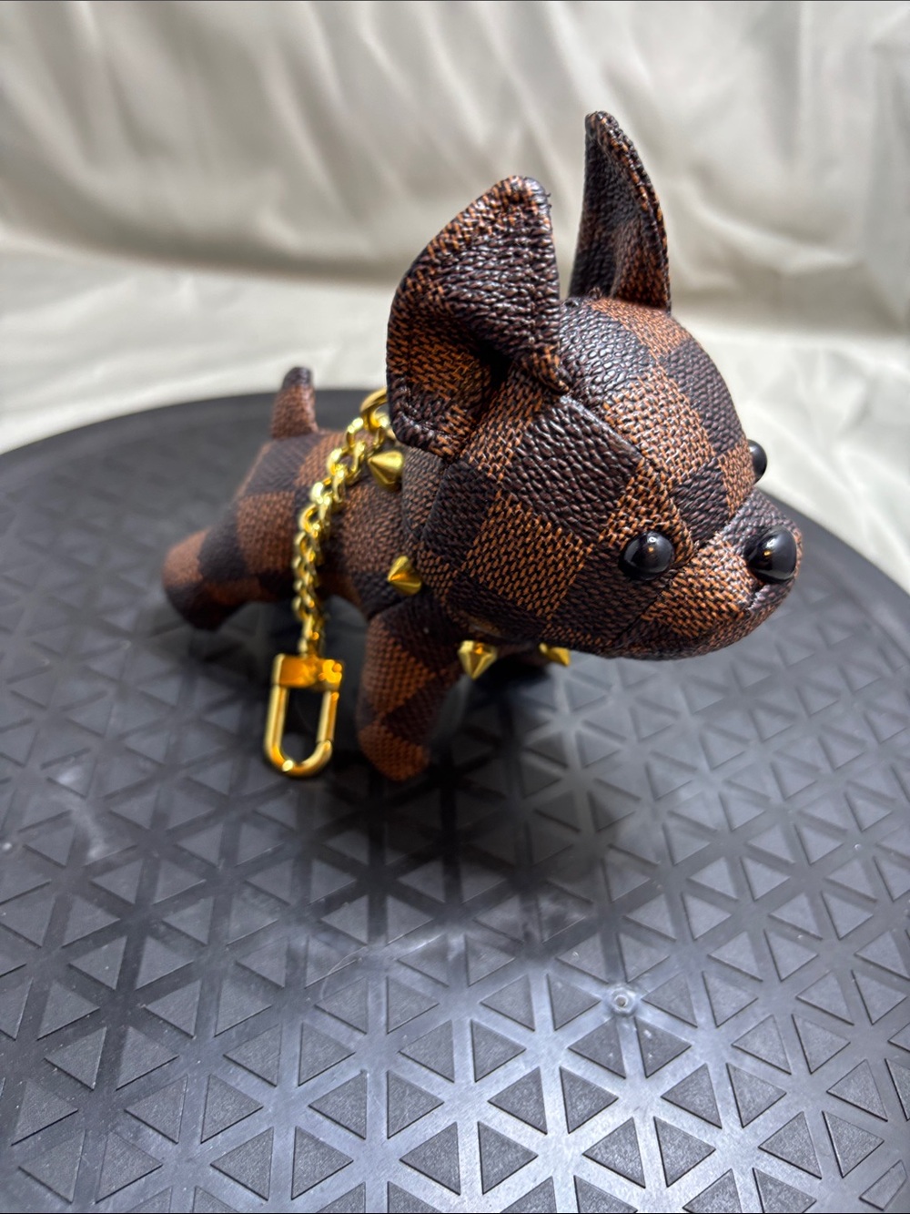Luxury Brown Checkered Dog Keychain Charm with Gold Chain